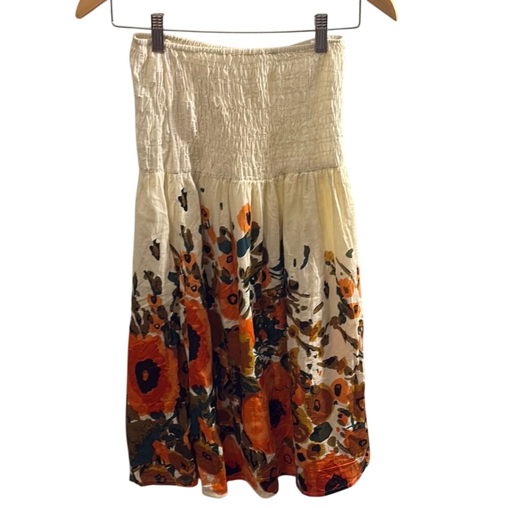 Floral Y2K Style Cream and Orange Smocked Midi Dress Medium